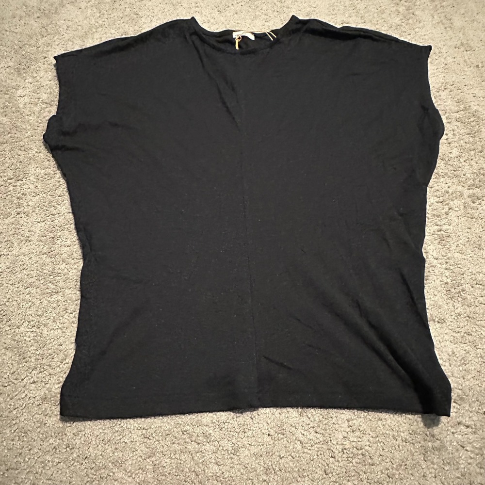 OGL Black Tencel European Linen Blend Cap Sleeve Boxy T-Shirt Large NEW